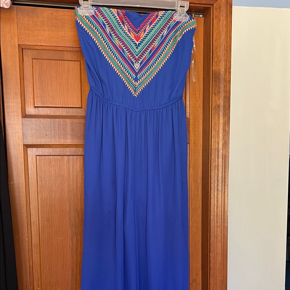 Strapless Royal Blue Maxi Jumper with Colorful Embroidered Yoke